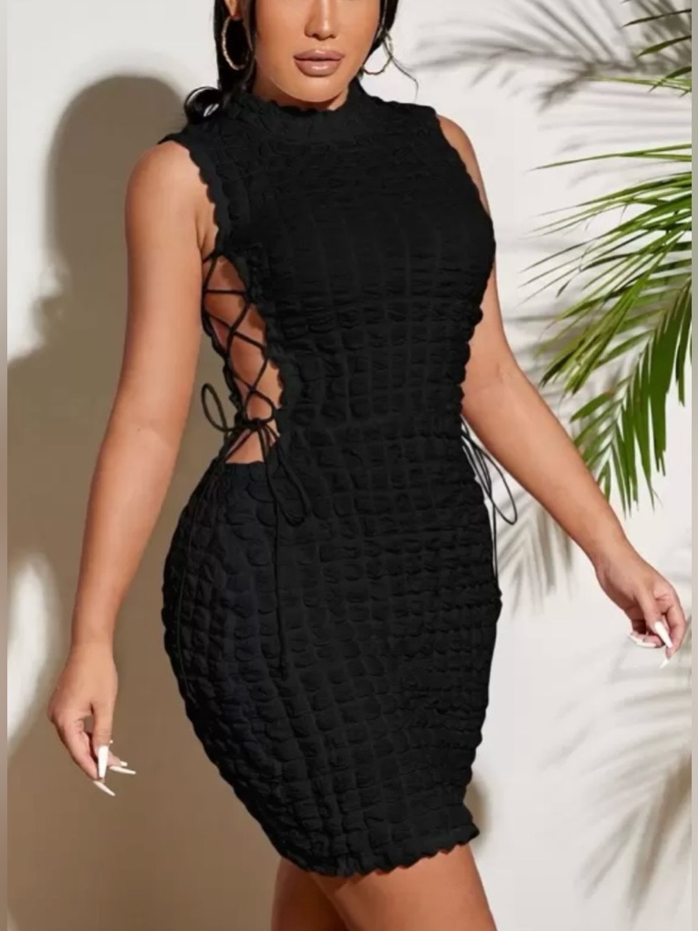 Black Lace-Up Side Bodycon Dress L ,US 8/10